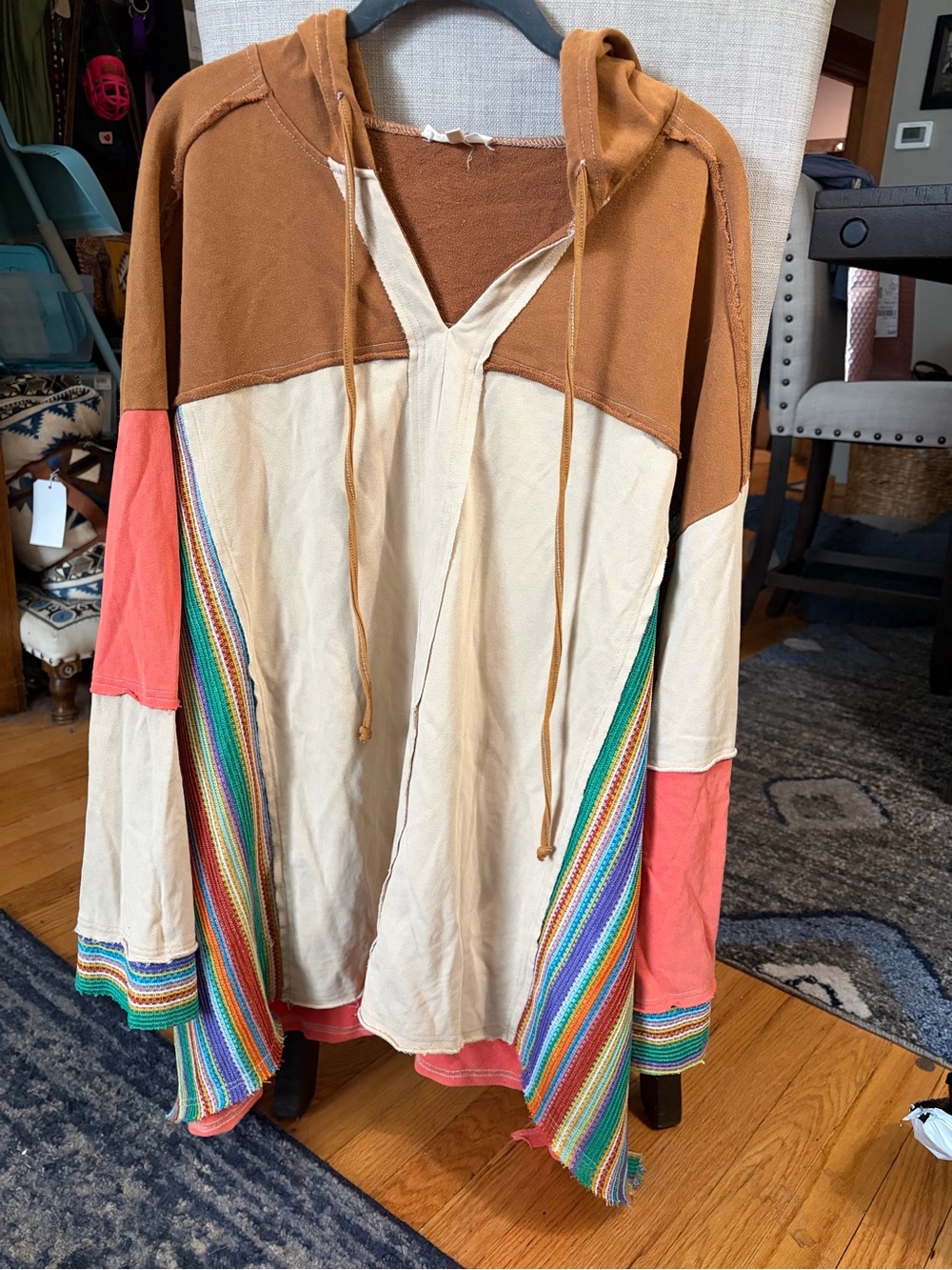 Easel Bohemian Colorblock Hooded Pullover Top with hood - Brown, Cream & Coral